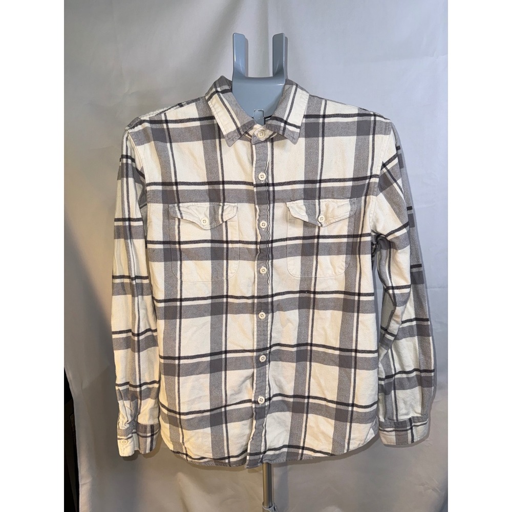 American Eagle Super Soft Flannel Shirt Mens Medium Grey Cream Plaid Button Down